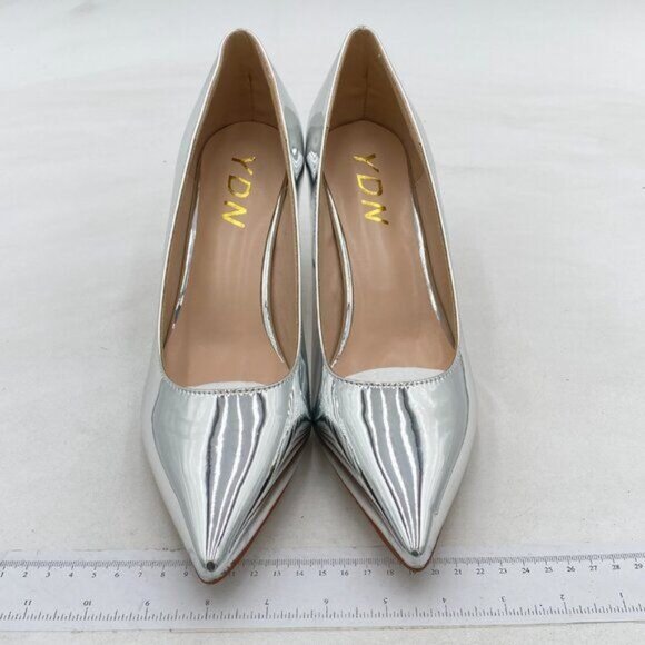 YDN Silver Pointed Closed Toe Mid Heel Pumps Cane Slip On Stilettos Slide Shoes - Picture 3 of 8